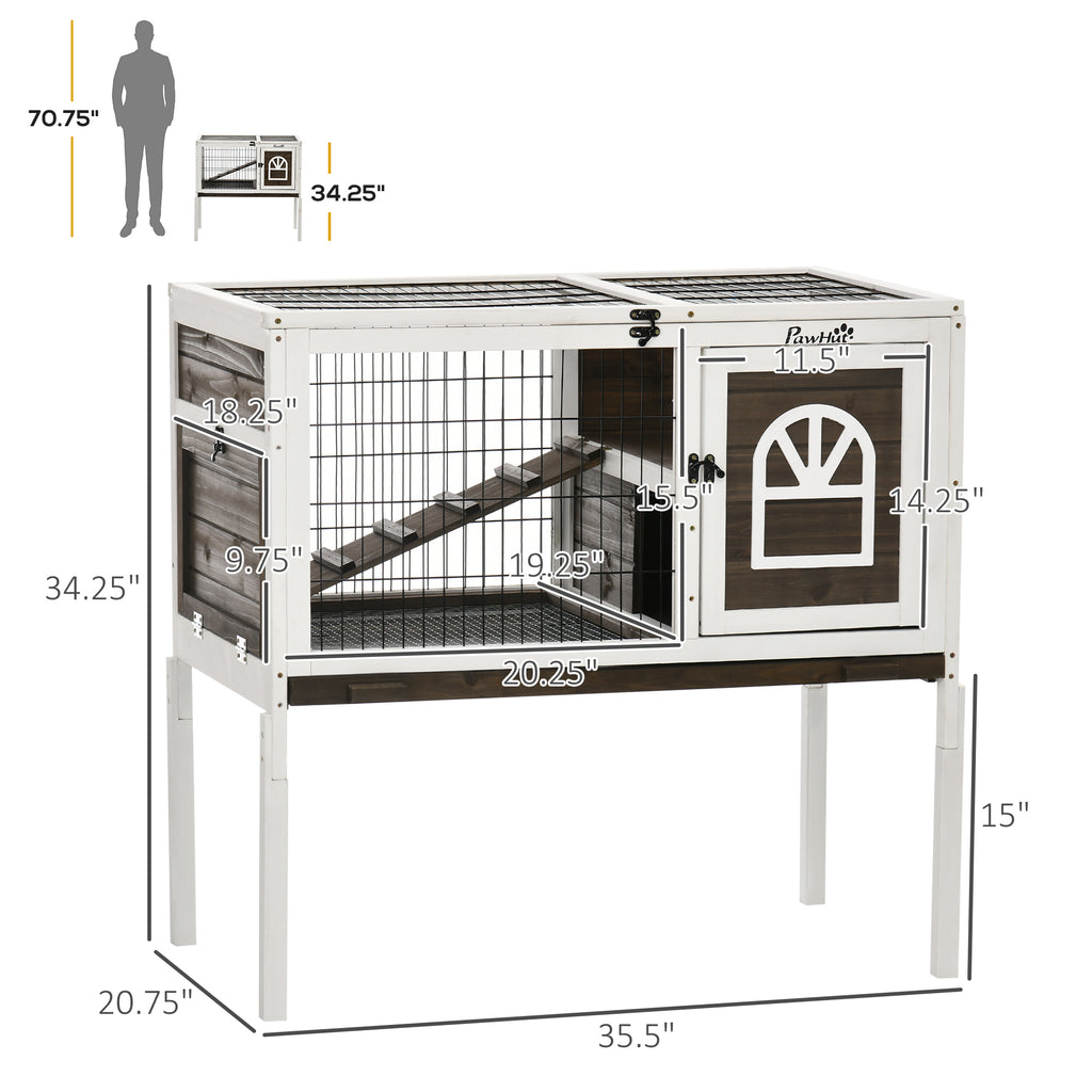 Leoglint Wooden Rabbit Hutch, Indoor Elevated Guinea Pig Cage with Run, Ladder, Lockable Doors and Removable Tray, Coffee