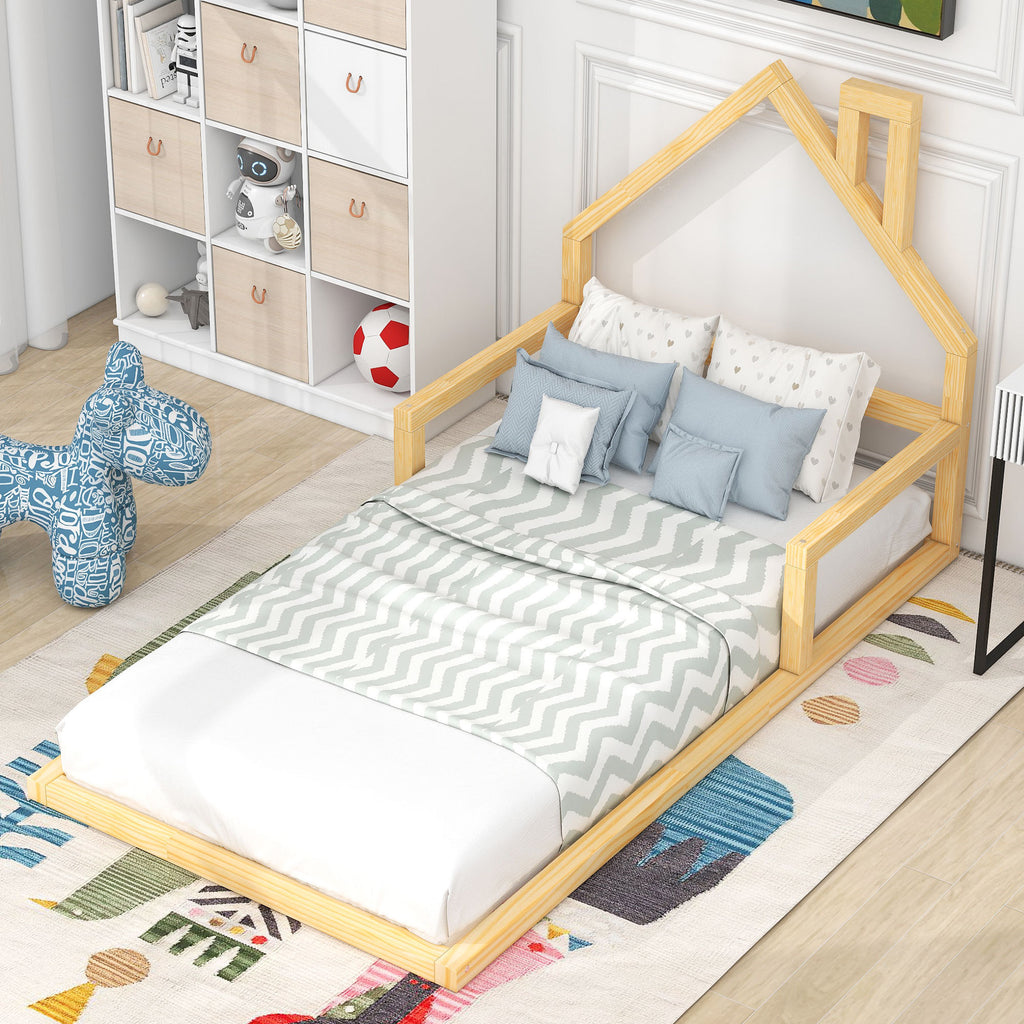 Leoglint Twin Size Wood Floor Bed Frame with House-shaped Headboard, Natural