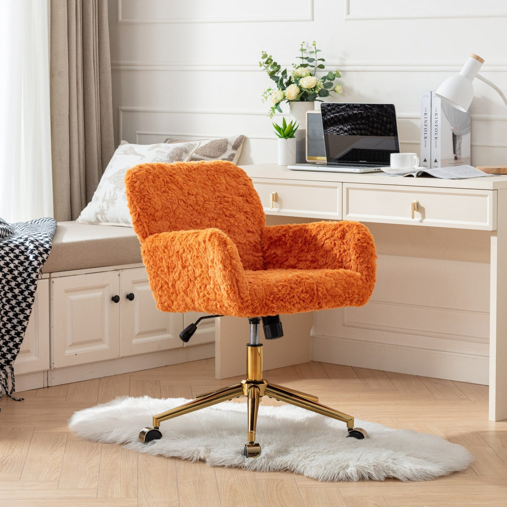 Leoglint A&A Furniture Office Chair,Artificial rabbit hair Home Office Chair with Golden Metal Base,Adjustable Desk Chair Swivel Office Chair,Vanity Chair(Orange)