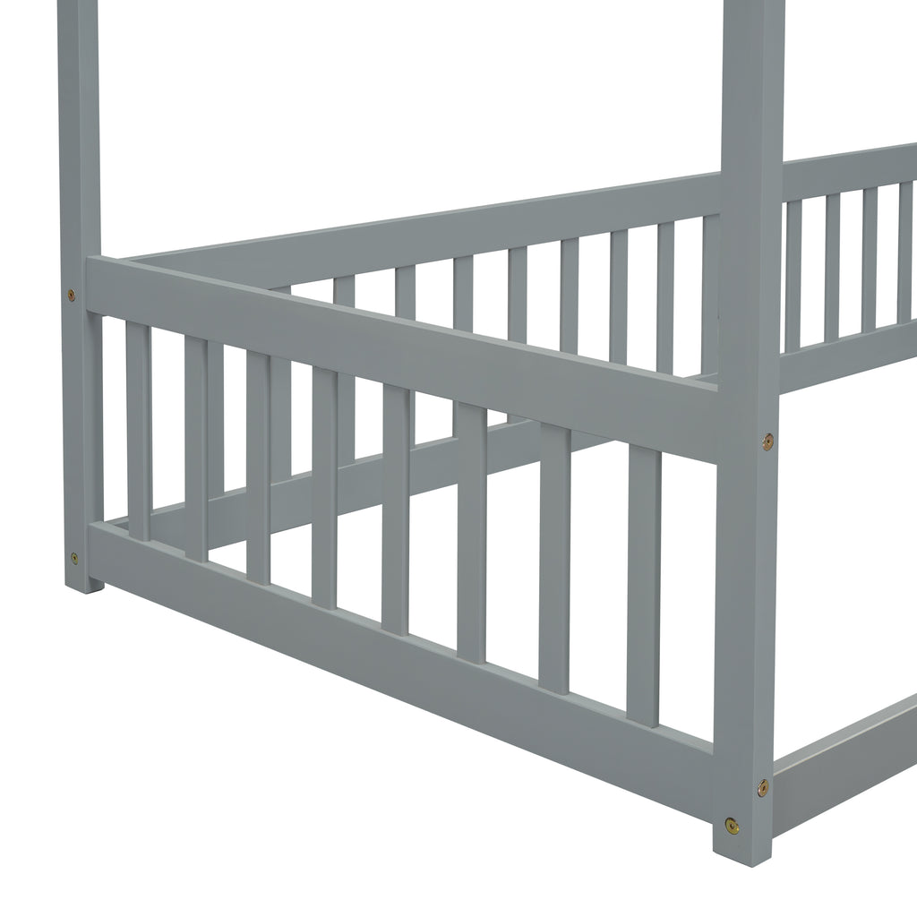 Leoglint Twin Size Canopy Frame Floor Bed Frame with Fence, Guardrails,Grey