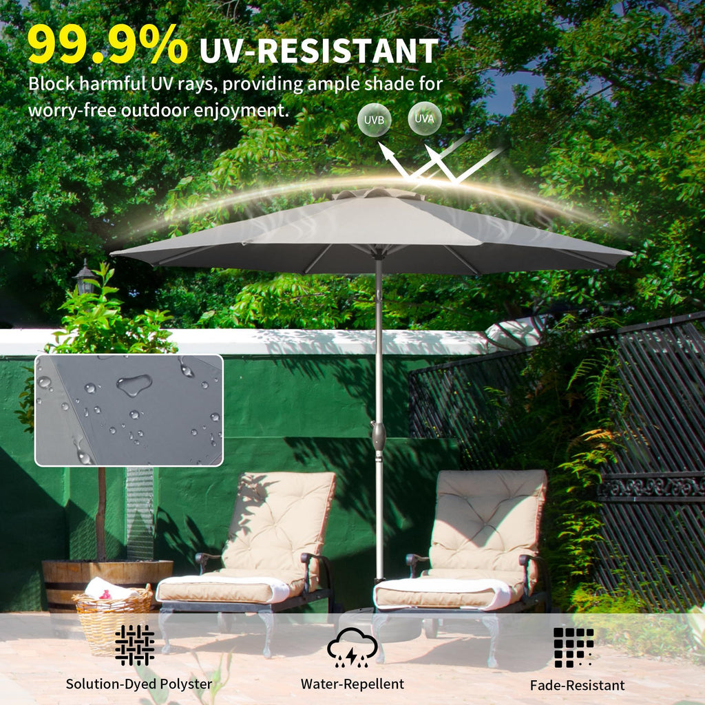 Leoglint 10FT Patio Umbrella, Outdoor Umbrella with Push Button Tilt and Crank, UV Protection Waterproof Market Sun Umbrella with 8 Sturdy Ribs for Garden, Deck, Backyard, Pool (Gray)