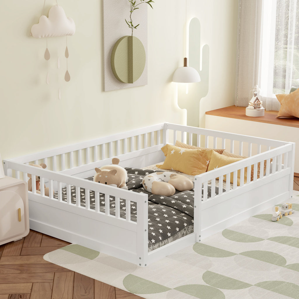 Leoglint Full Floor Bed Frame with Fence, Wood Kids Floor Beds Frame for Bedroom Playroom,White(Expect arrive date Jul. 10th)