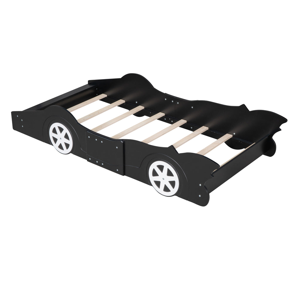 Leoglint Twin Size Race Car-Shaped Platform Bed Frame with Wheels,Black