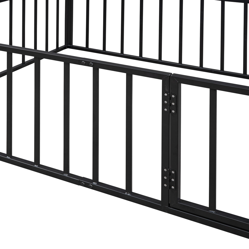 Leoglint Full Size Metal Floor Bed Frame with Fence and Door, Black