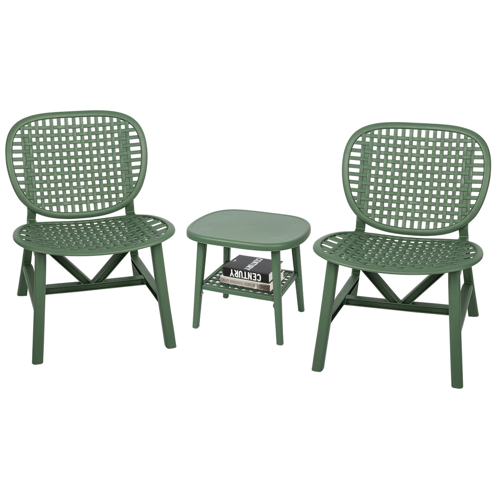 Leoglint 3 Pieces Hollow Design Retro Patio Table Outdoor Chair Set All Weather Conversation Bistro Set Outdoor Table with Open Shelf and Lounge Chairs with Widened Seat for Balcony Garden Yard  Green