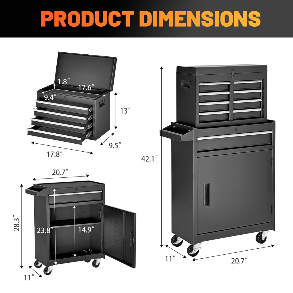 Leoglint Tool Chest, 5-Drawer Rolling Tool Storage Cabinet with Detachable Top Tool Box, Liner, Universal Lockable Wheels, Adjustable Shelf, Locking Mechanism, Metal Tool Cart for Garage Workshop