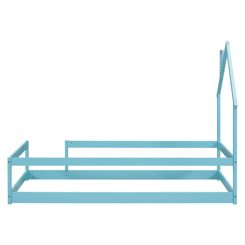 Leoglint Twin Size Wood bed Frame with House-shaped Headboard Floor bed with Fences,Light Blue