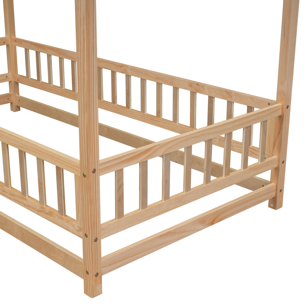 Leoglint Twin Size Floor Wooden Bed Frame with House Roof Frame, Fence Guardrails,Natural(Old SKU:W1791106616)