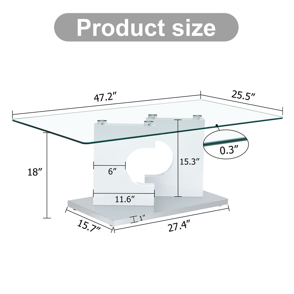 Leoglint A rectangular modern and fashionable coffee table with tempered glass tabletop and white MDF legs. Suitable for living room.47.2"*25.5"*18"