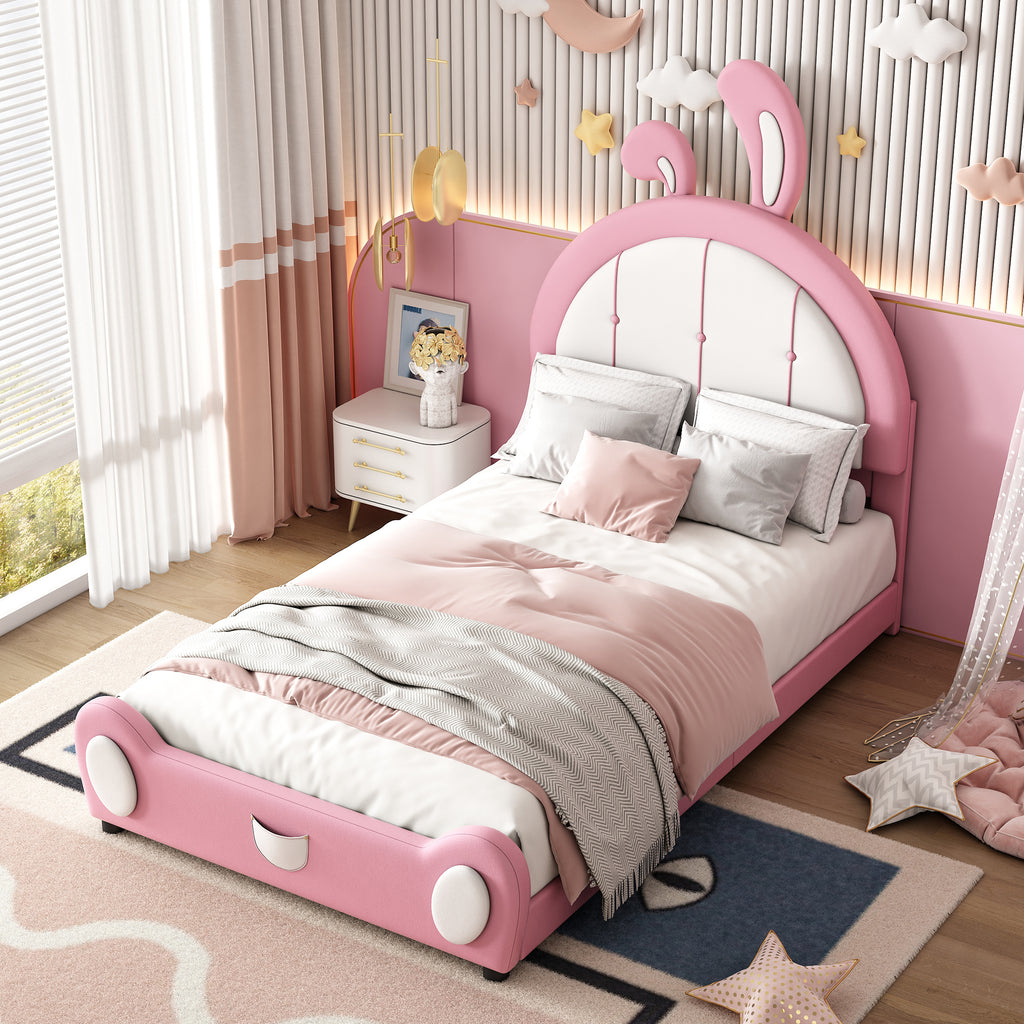 Leoglint Twin Size Upholstered Platform Bed Frame with Rabbit Shaped Headboard, Pink