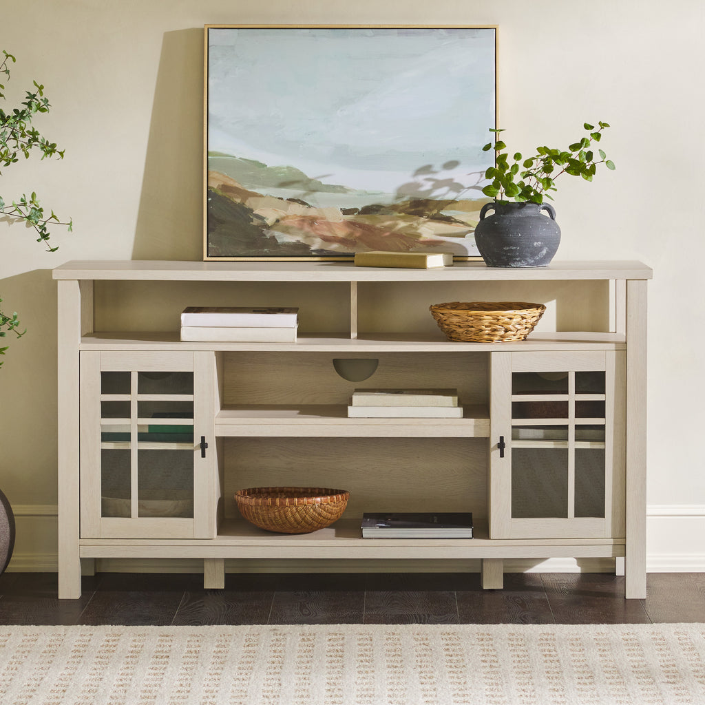 Leoglint Transitional 58" 2-Door Sideboard with Windowpane Design, Ivory Oak