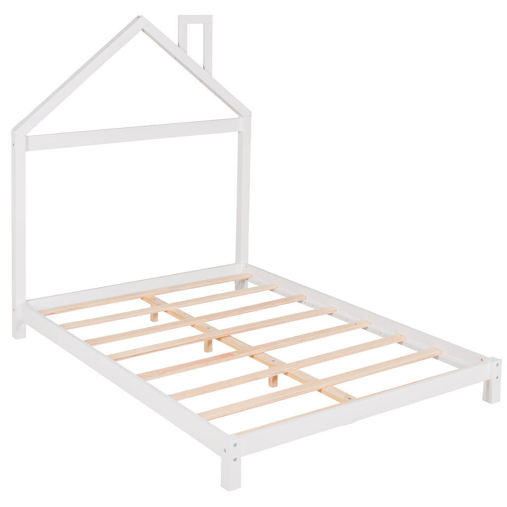 Leoglint Full Size Wood Platform Bed Frame with House-shaped Headboard  (White)