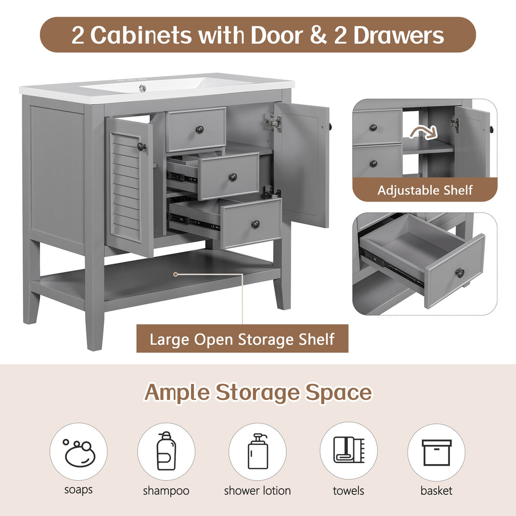 Leoglint 36" Bathroom Vanity without Sink, Cabinet Base Only, Two Cabinets and Drawers, Open Shelf, Solid Wood Frame, Grey