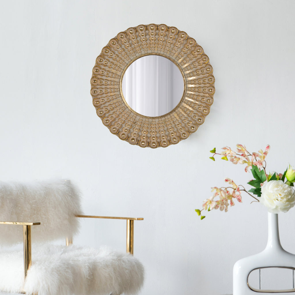 Leoglint 18.5" Transitional Beaded Sunburst Mirror, Round Accent Wall Mirror for Living Room, Entryway, Bathroom, Office, Foyer