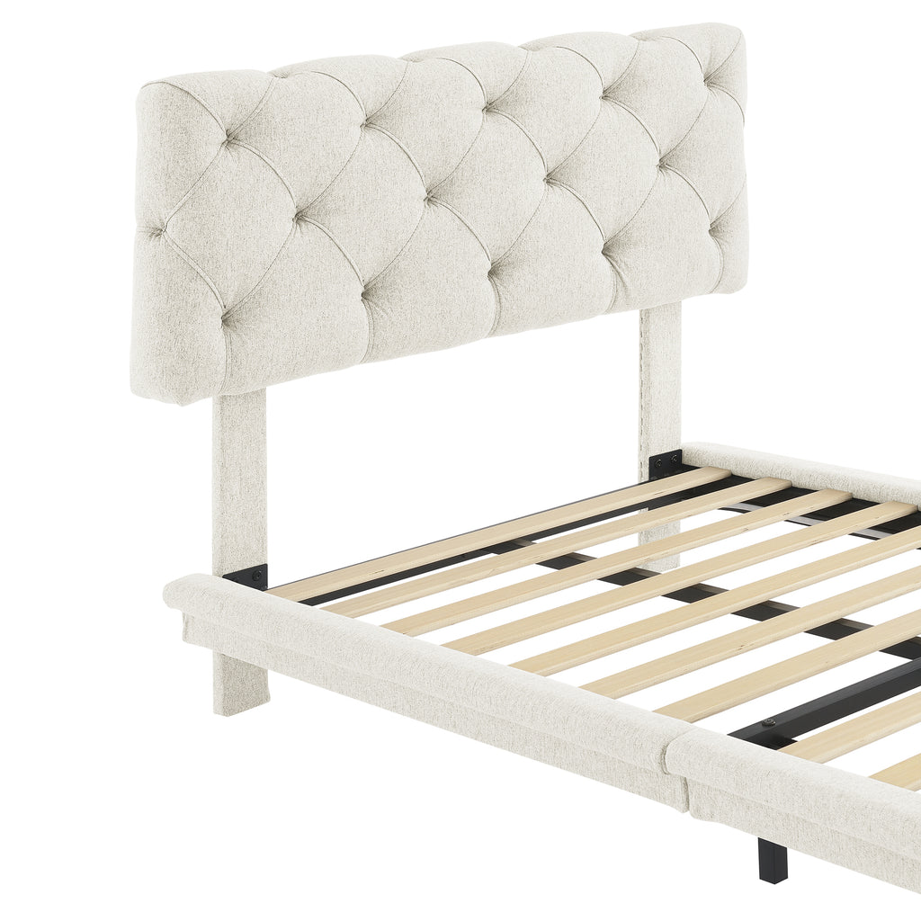 Leoglint Twin Size Upholstered Bed Frame with Light Stripe, Floating Platform Bed, Linen Fabric,Beige