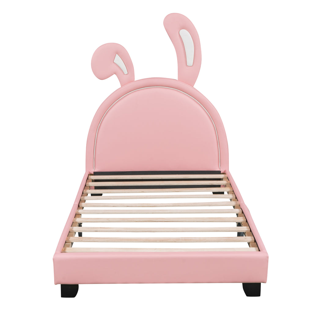 Leoglint Twin Size Upholstered Leather Platform Bed Frame with Rabbit Ornament, Pink