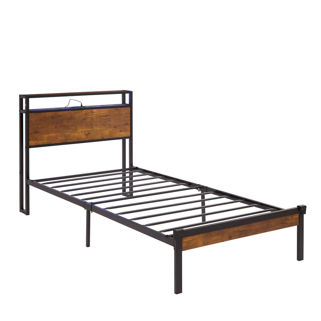 Leoglint Twin Size Metal Platform Bed Frame with Wooden Headboard and Footboard with USB LINER, LED Lights ,No Box Spring Needed, Large Under Bed Storage, Easy Assemble