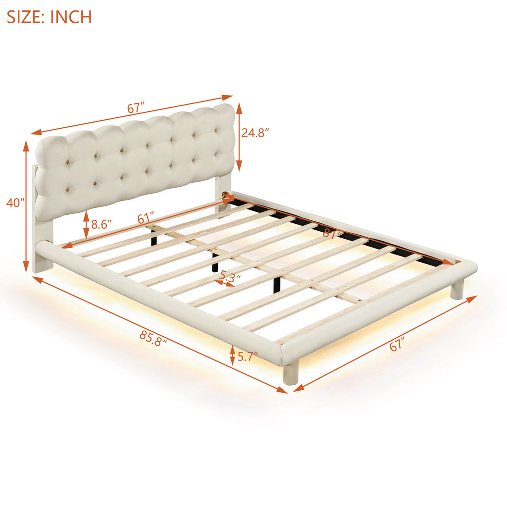 Queen Size Velvet Platform Bed with LED Frame, Thick & Soft Fabric and Button-tufted Design Headboard, Beige