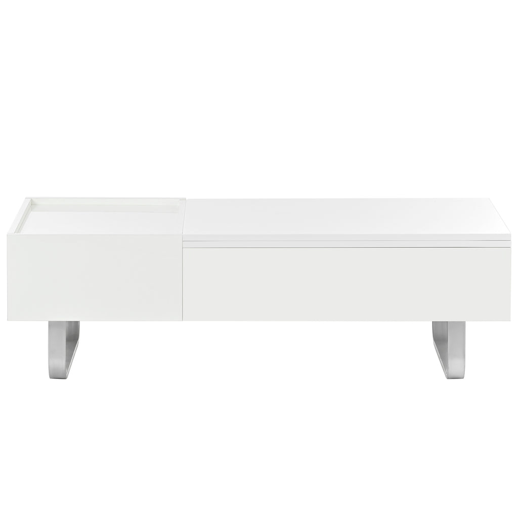 Leoglint [VIDEO provided] ON-TREND Multi-functional Coffee Table with Lifted Tabletop, Contemporary Cocktail Table with Metal Frame Legs, High-gloss Surface Dining Table for Living Room, White