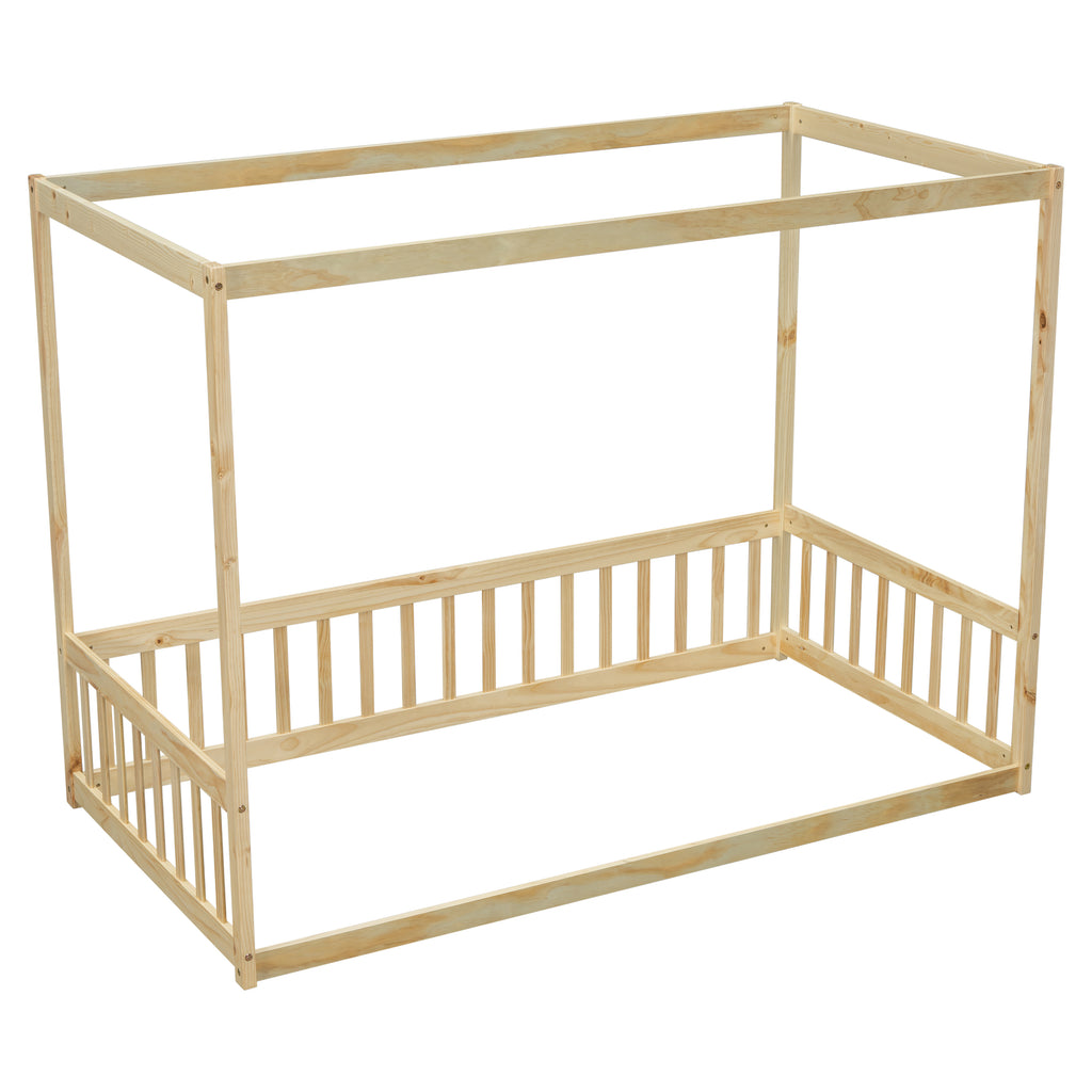 Leoglint Twin Size Canopy Frame Floor Bed Frame with Fence, Guardrails,Natural