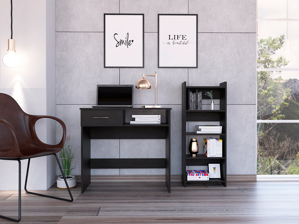 Leoglint Vizcaya Home Office Desk Set, Single Drawer, Keyboard Tray,Bookcase -Black