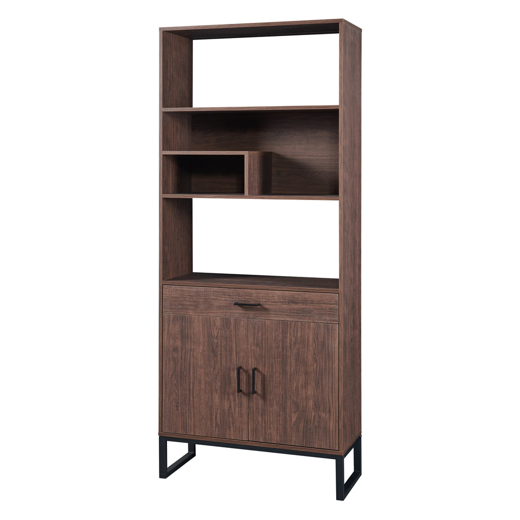 Leoglint 75.9"Modern Open Bookshelf with Doors, Bookcase with Storage drawer and LED Strip Lights,Free Standing Display Rack,Wooden Tall Bookshelf for Living Room and Office, Walnut