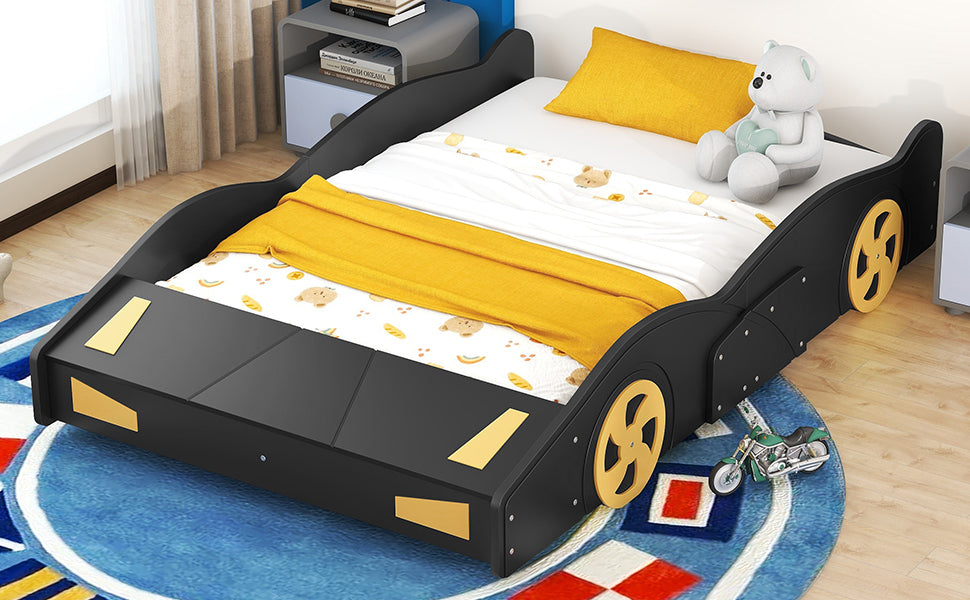 Leoglint Full Size Race Car-Shaped Platform Bed with Wheels and Storage, Black+Yellow