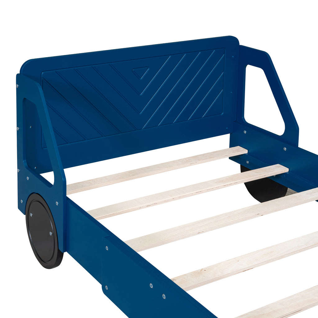 Leoglint Twin Size Car-Shaped Platform Bed Frame with Wheels,Blue