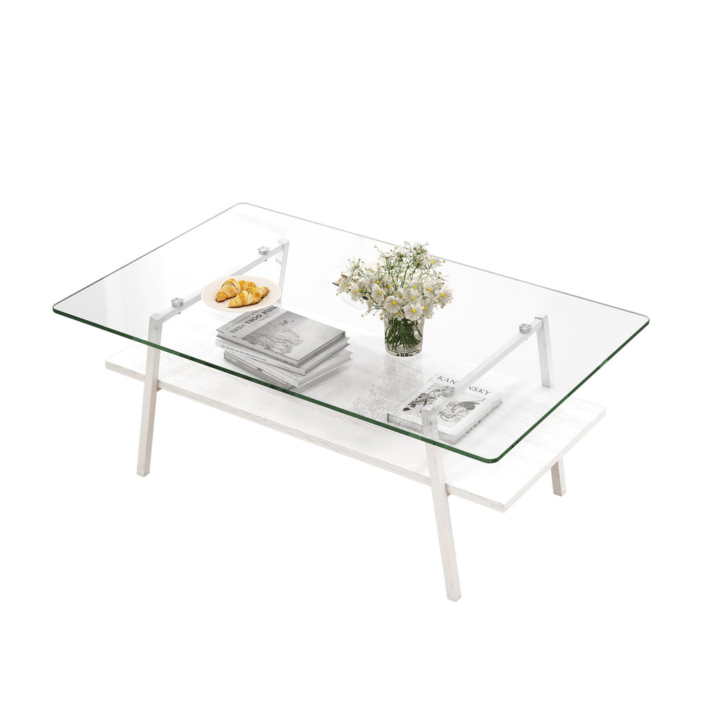 Leoglint Rectangle Coffee Table, Tempered Glass Tabletop with White Metal Legs, Modern Table for Living Room , Transparent Glass