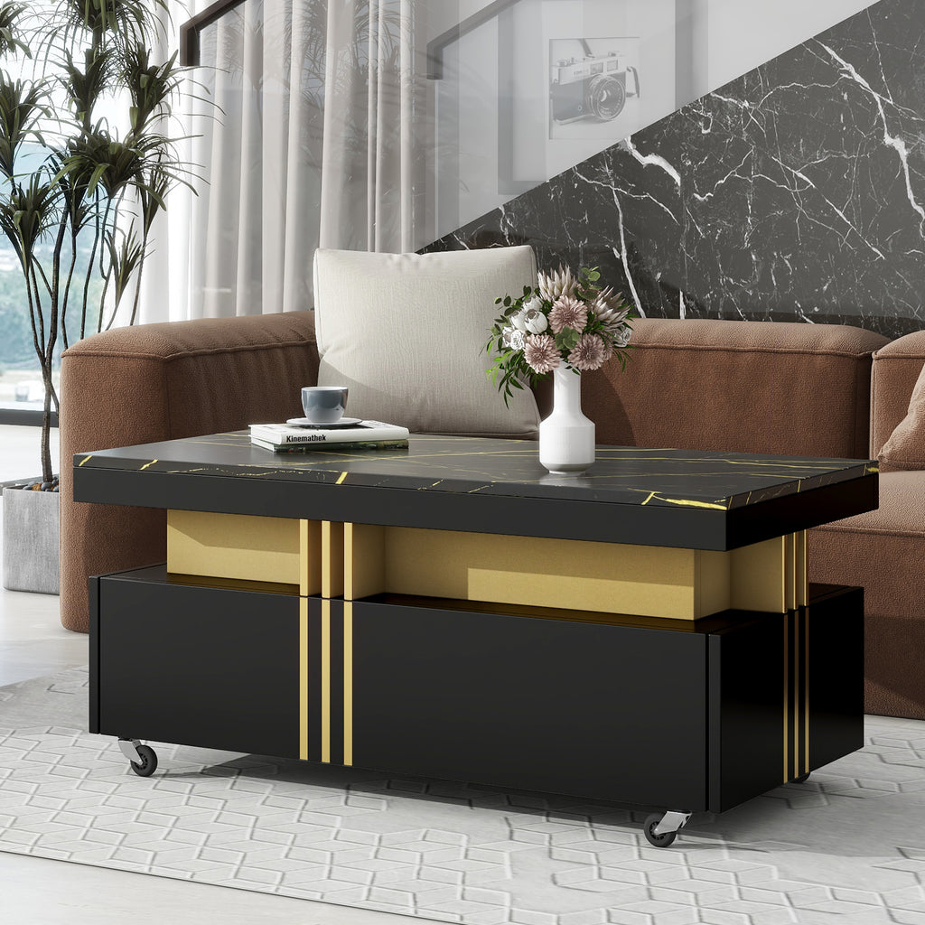 Leoglint [VIDEO provided] ON-TREND Contemporary Coffee Table with Faux Marble Top, Rectangle Cocktail Table with Caster Wheels, Moderate Luxury Center Table with Gold Metal Bars for Living Room, Black