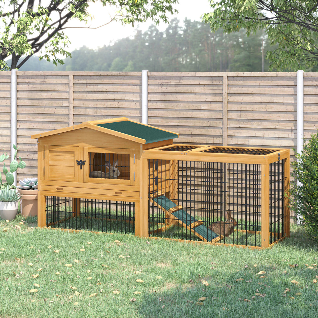 Leoglint 2 Levels Outdoor Rabbit Hutch with Openable Top, 59" Wooden Large Rabbit Cage with Run Weatherproof Roof, Removable Tray, Ramp, Yellow