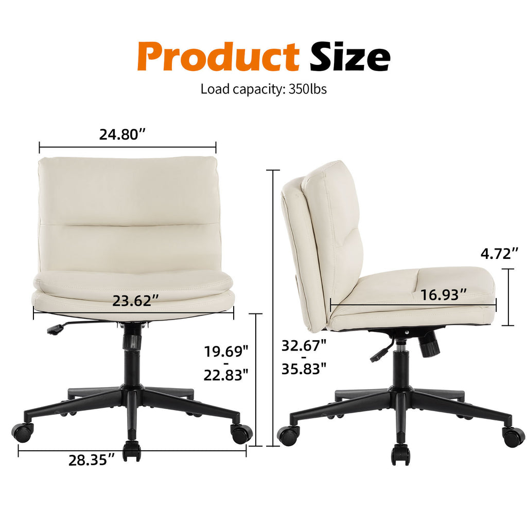 Leoglint Office Chair Armless Desk Chair with Wheels, PU Padded Wide Seat Home Office Chairs, 120° Rocking Mid Back Cute Computer Chair for Bedroom, Vanity, Makeup