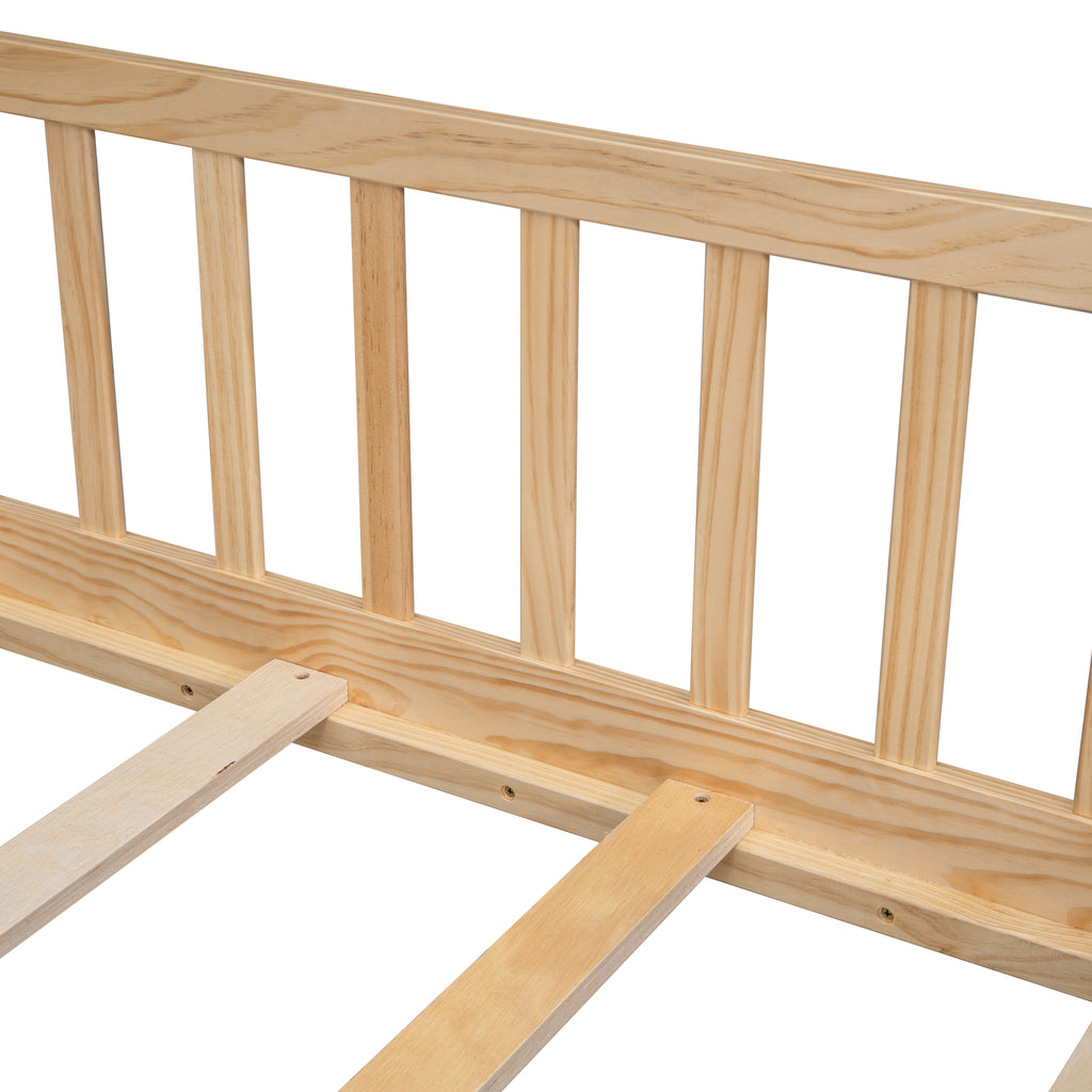 Twin House-Shaped Bedside Floor Bed Frame with Guardrails, Slats, with Door,Natural