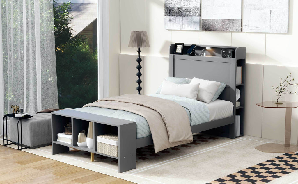 Leoglint Twin Size Platform Bed Frame with built-in shelves, LED Light and USB ports, Gray