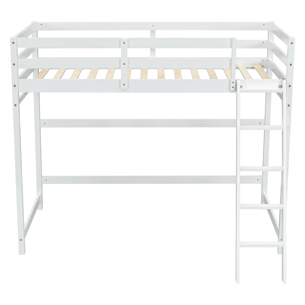 Leoglint Twin Size High Loft Bed Frame with inclined Ladder, Guardrails,White