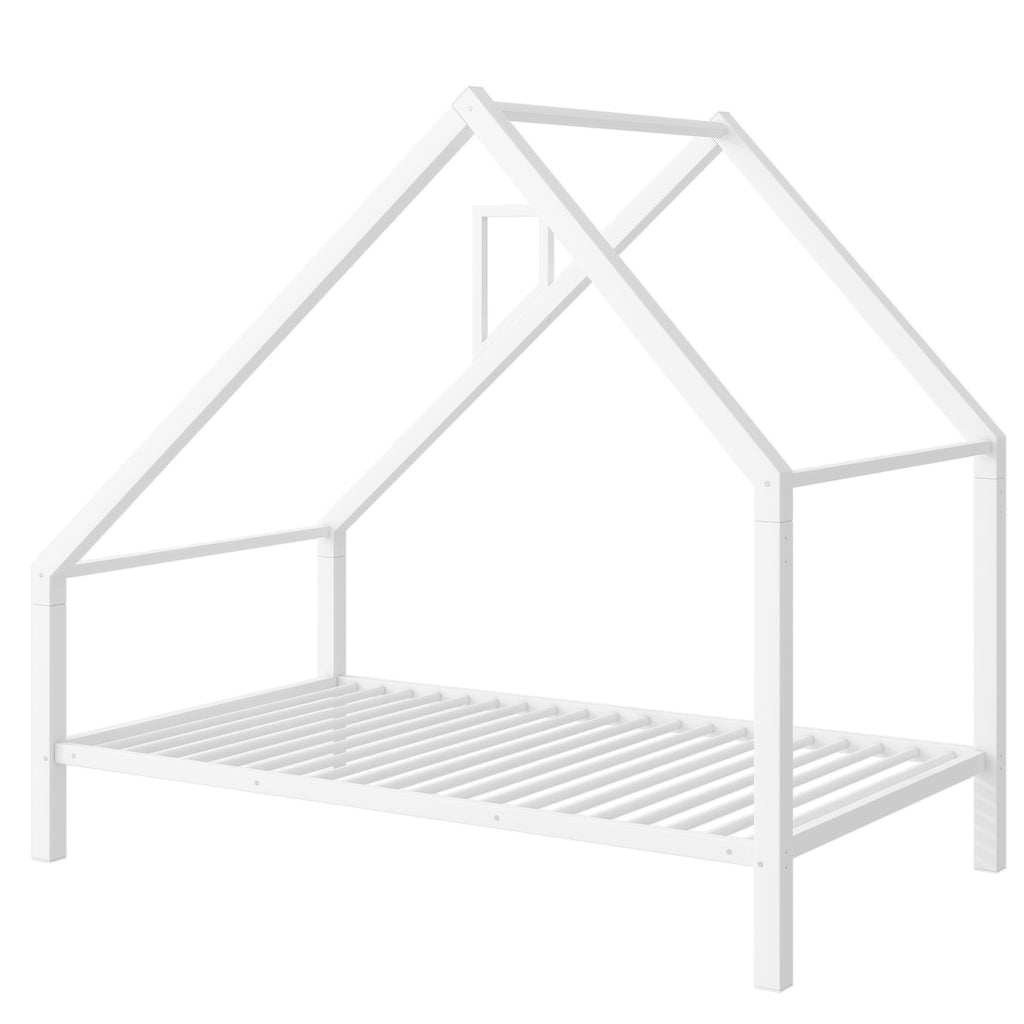 Leoglint Twin Size Metal House Platform Bed Frame with Roof and Chimney, White