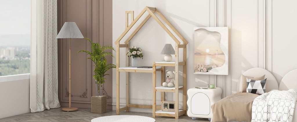 Leoglint House-shaped Wooden writing Desk,Kids study Table,Bookshelf & Toy Storage,Natural