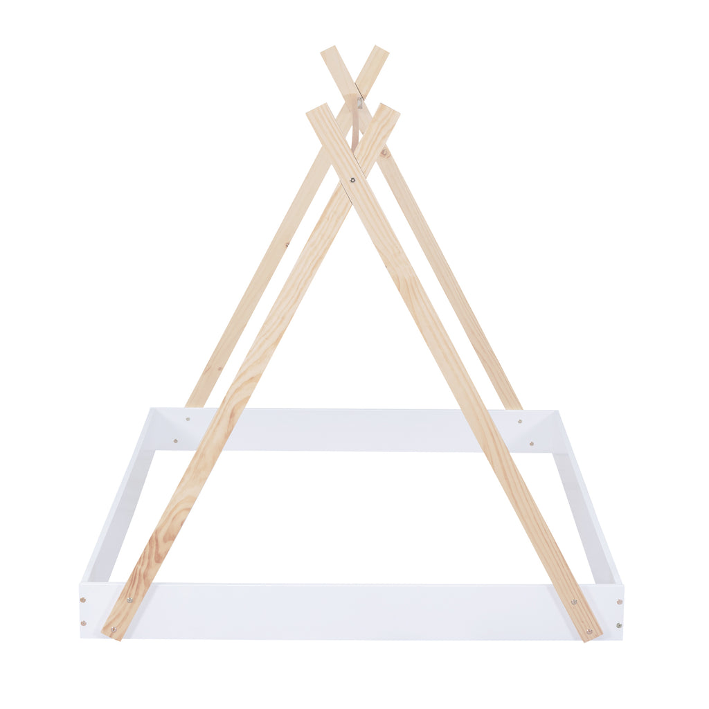 Leoglint Full Size Tent Floor Bed Frame with Triangle Structure, White+Natural