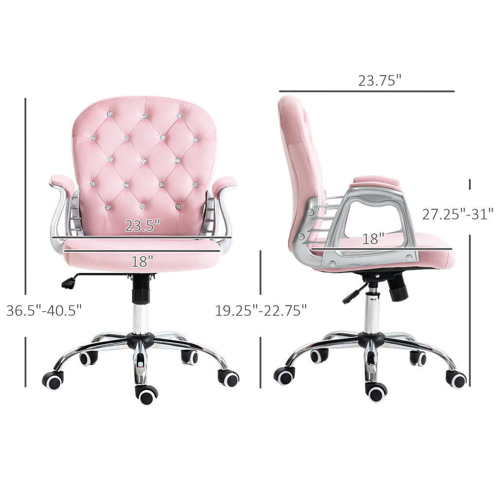 Leoglint Vinsetto Velvet Home Office Chair, Button Tufted Desk Chair with Padded Armrests, Adjustable Height and Swivel Wheels, Pink