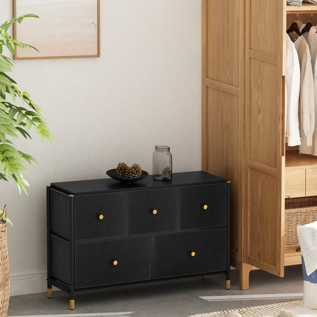 Leoglint Drawer Chest Drawer Dresser cabinet ,all Dresser with 5 PU Leather Front Drawers, Storage Tower with Fabric Bins, Double Dresser, Chest of Drawers for Closet, Living Room, Hallway, Children's Room, color:Black