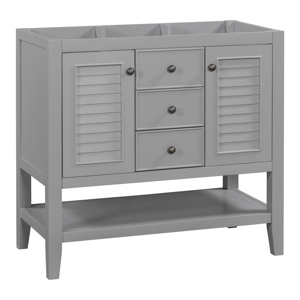 Leoglint 36" Bathroom Vanity without Sink, Cabinet Base Only, Two Cabinets and Drawers, Open Shelf, Solid Wood Frame, Grey