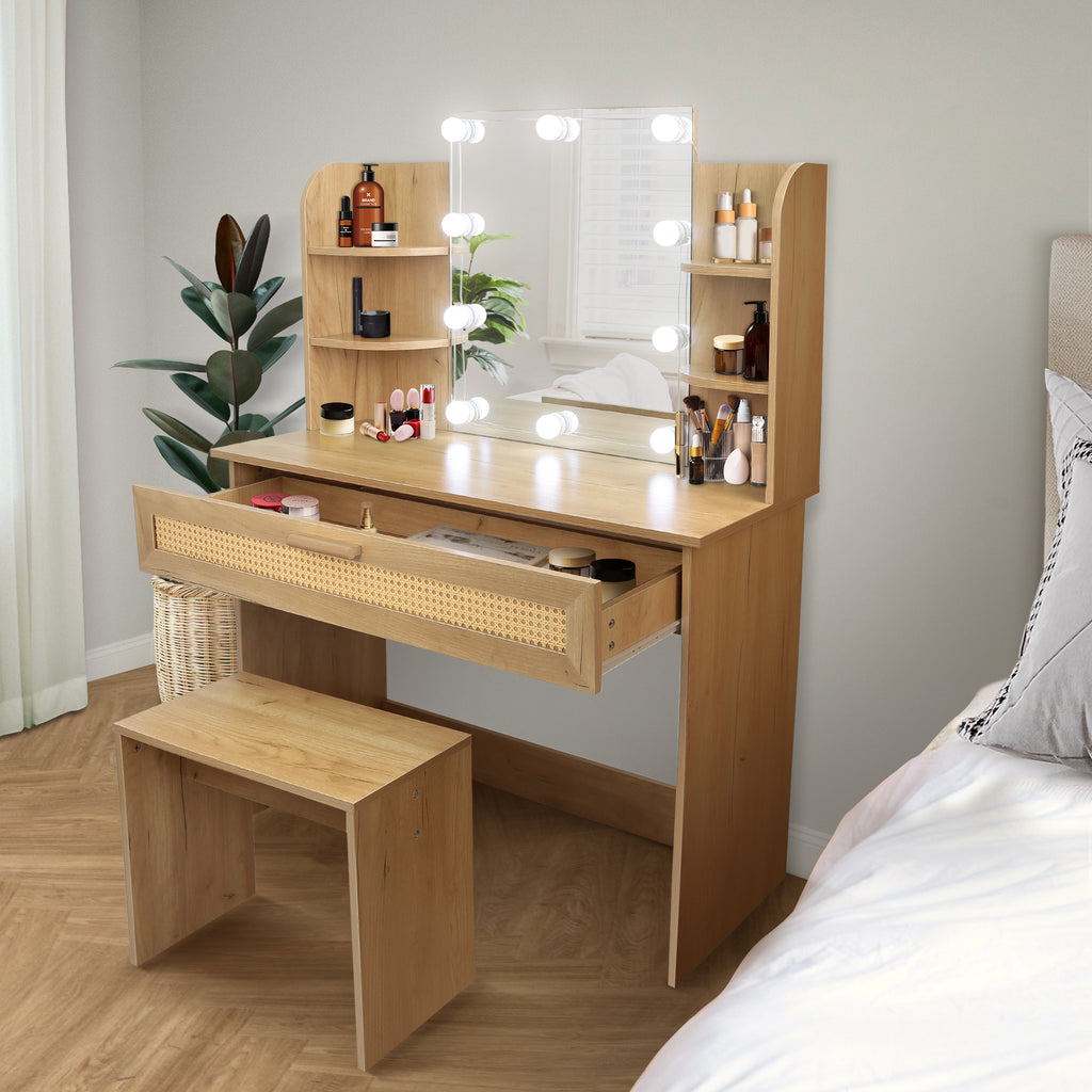 Leoglint Drawer Chest Vanity Desk Set Stool & Dressing Table with LED Lighting Mirror Drawer and Compartments Modern Wood Cosmetic Table Chest of Drawers Nature Color