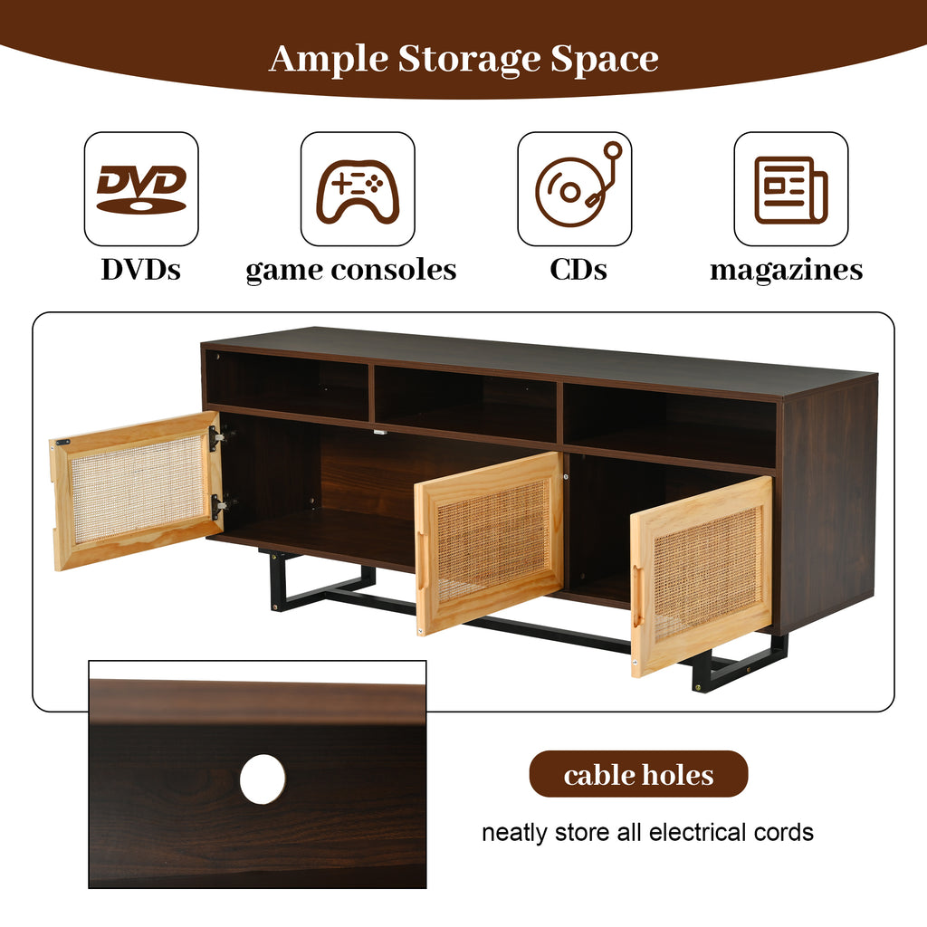 Leoglint TREXM Retro Rattan TV Stand 3-door Media Console with Open Shelves for TV Stand under 75''(Walnut)