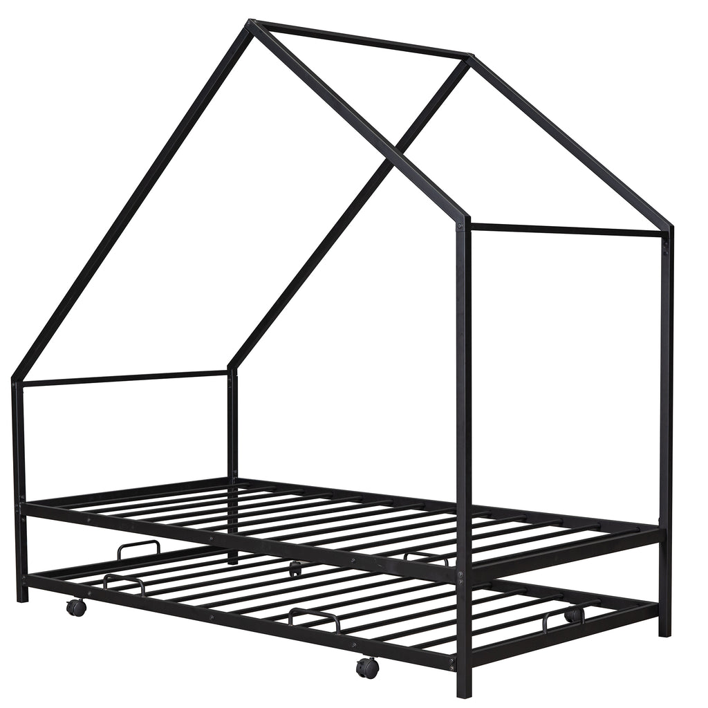 Metal House Bed Frame With Trundle, Twin Size House  Bed Black