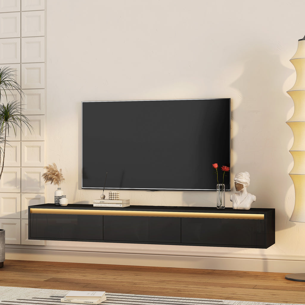 Leoglint Floating TV Stand, Wall Mounted TV Shelf with Led Lights & Power Outlet,High Gloss TV Cabinet for Black tv Stands for Living Room