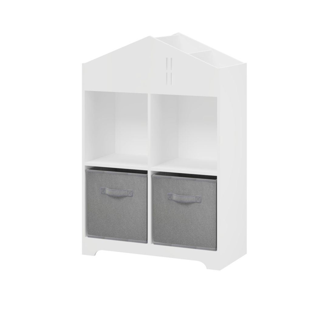 Leoglint Kids Dollhouse Bookcase with Storage, 2-Tier Storage Display Organizer, Toddler Bookshelf with 2 Collapsible Fabric Drawers for Bedroom or Playroom (White/Gray)