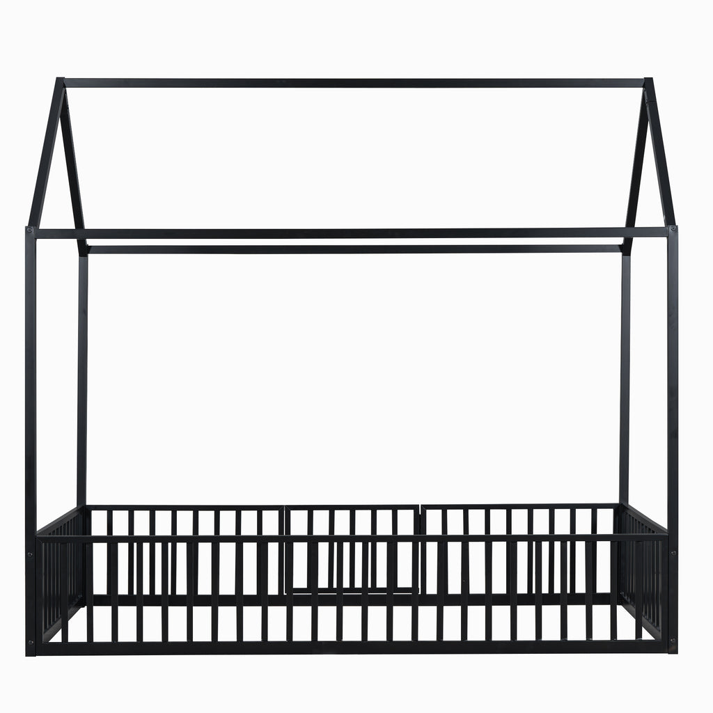 Leoglint Twin Size Metal House Bed Frame with Fence and Door, Black