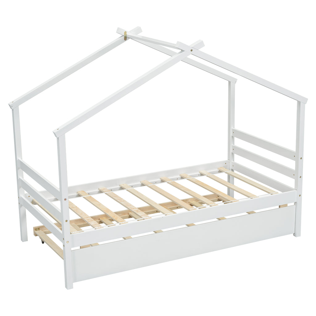 Leoglint Twin Size  House-shaped Bed Frame with Trundle,White