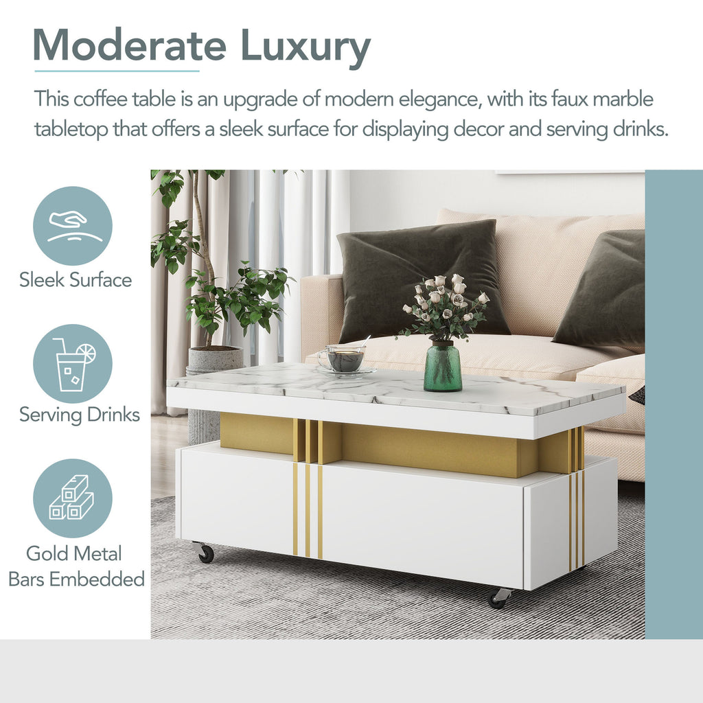 Leoglint [VIDEO provided] ON-TREND Contemporary Coffee Table with Faux Marble Top, Rectangle Cocktail Table with Caster Wheels, Moderate Luxury Center Table with Gold Metal Bars for Living Room, White