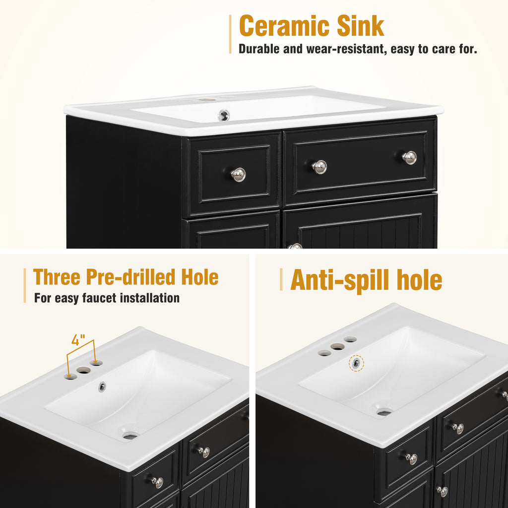 Leoglint 24-Inch Bathroom Vanity Cabinet with Ceramic Sink, 2 Drawers, 1 Door